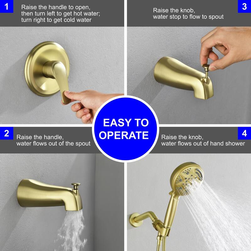 Wall Mounted Shower Faucet with Tub Spout, Complete Pressure Balance Brushed Gold Tub Shower System Wth Rough-in Valve