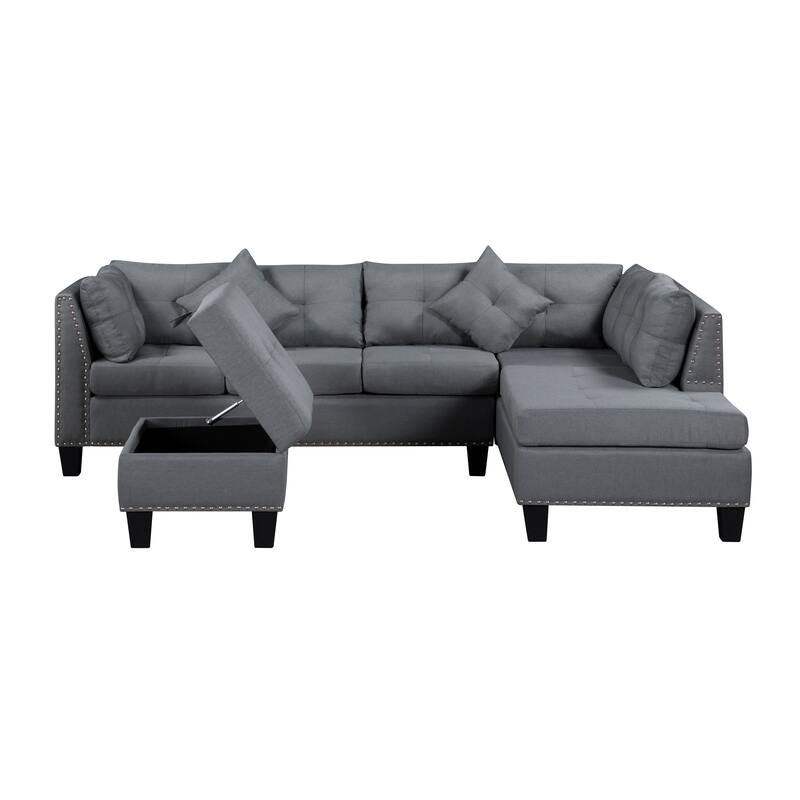 104.5" Gray Upholstered Sofa Set with Comfortable Coin-Spring Cushions, Sturdy Frame, Chaise Lounge, Versatile Storage Ottoman