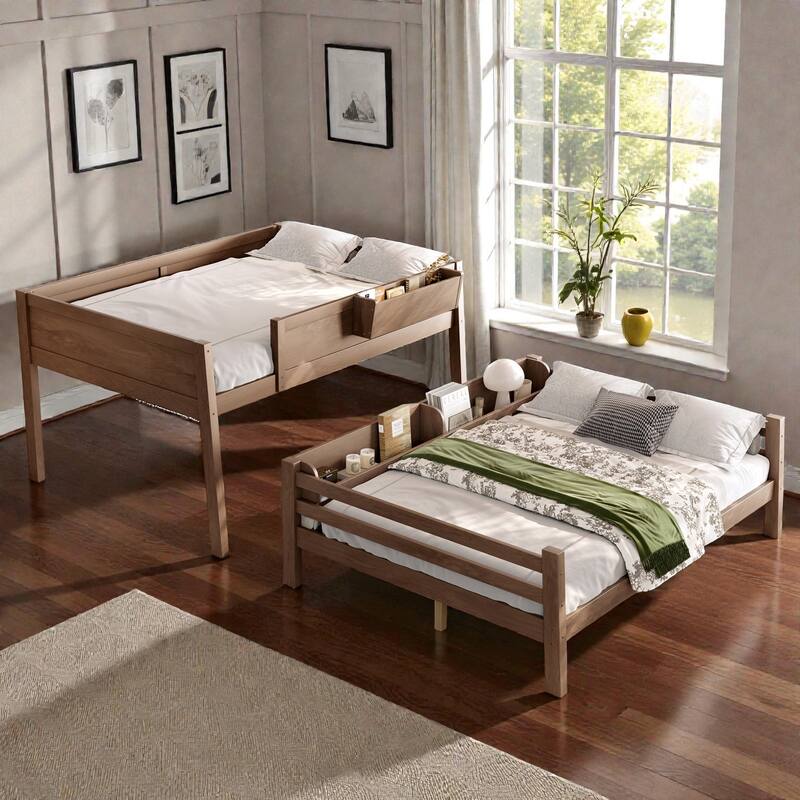Wooden Bunk Bed Frame with Built-In Storage Shelves, Convertible to Two Beds, No Box Spring Needed