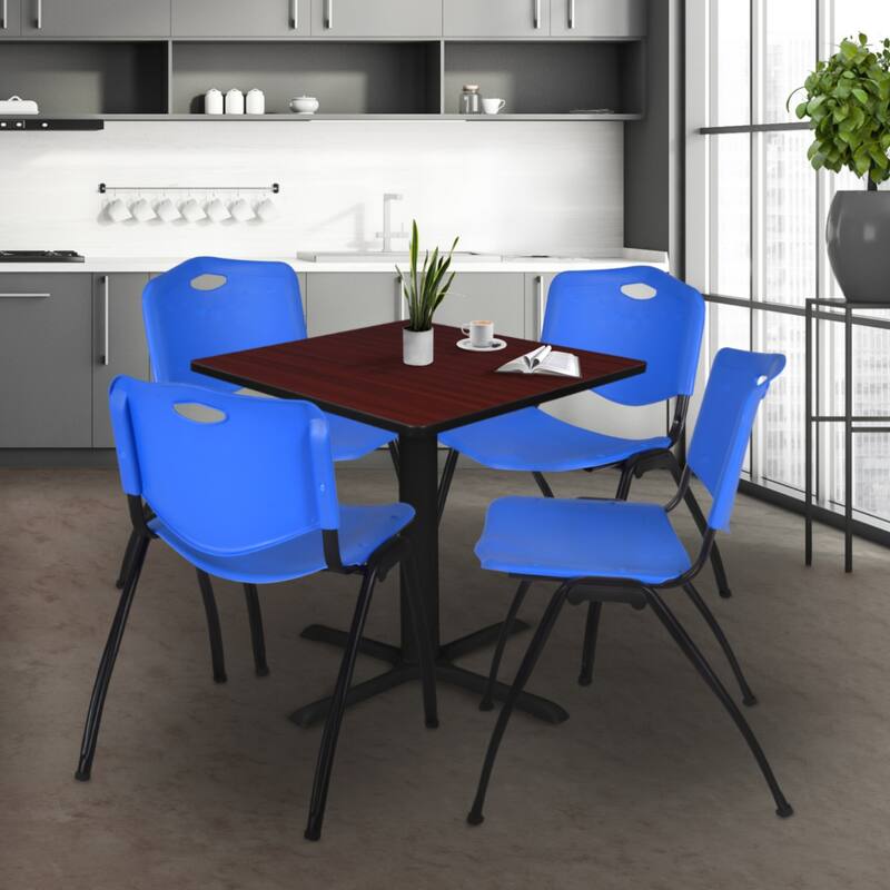 36" Square Breakroom Table- Mahogany & 4 'M' Stack Chairs- Blue - Blue, Mahogany - 36