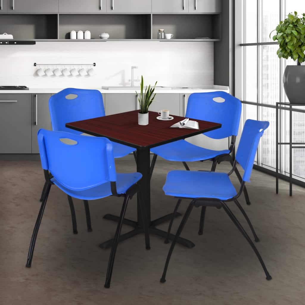 42" Square Breakroom Table- Mahogany & 4 'M' Stack Chairs- Blue - Blue, Mahogany - 42