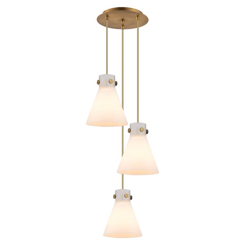 Innovations Lighting Newton Cone - 3 Light 8" Cord Hung Multi Pendant - 10" Canopy - Brushed Brass/White