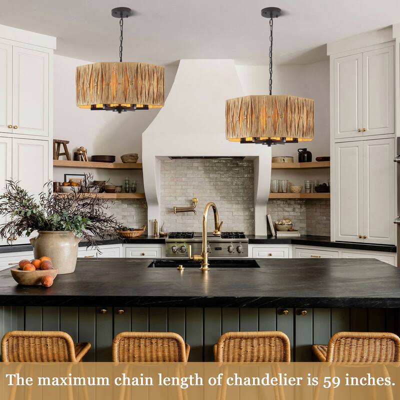 18.89-inch Hawaiian-style 6-light metal chandelier with imitation raffia lampshades and adjustable height