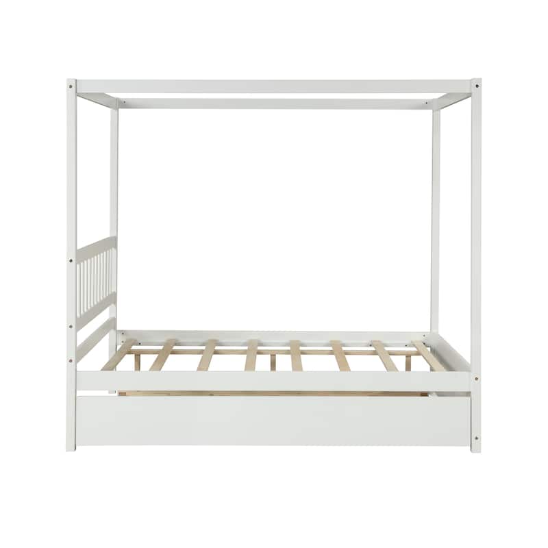 Full Size House Bed with Trundle and Slat Support, Solid Pine Wood Frame