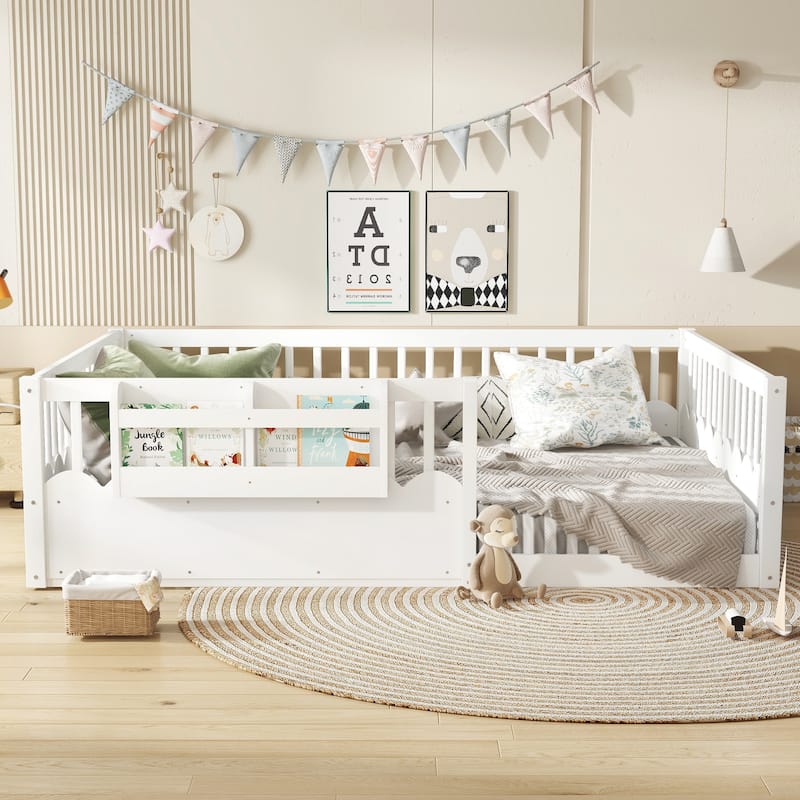 Montessori Floor Bed Kids Bed Frame with Heightened Fence and Bookshelf, Wavy Decoration Wood Platform Bed, No Slats Design