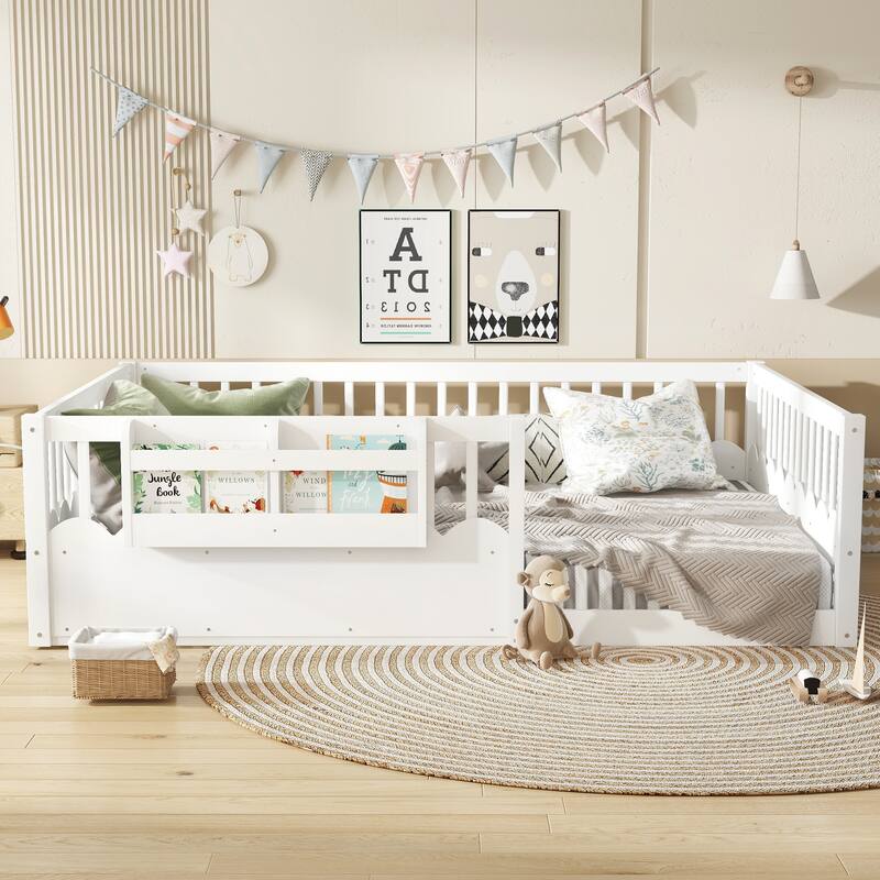 Queen/Full/Twin Floor Bed with Fence and Bookshelf, Wood Kids Floor Bed