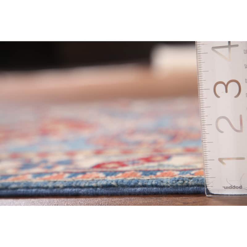 Light Blue Geometric Kazak Accent Rug Hand-Knotted Wool Carpet - 2'7" x 6'4"
