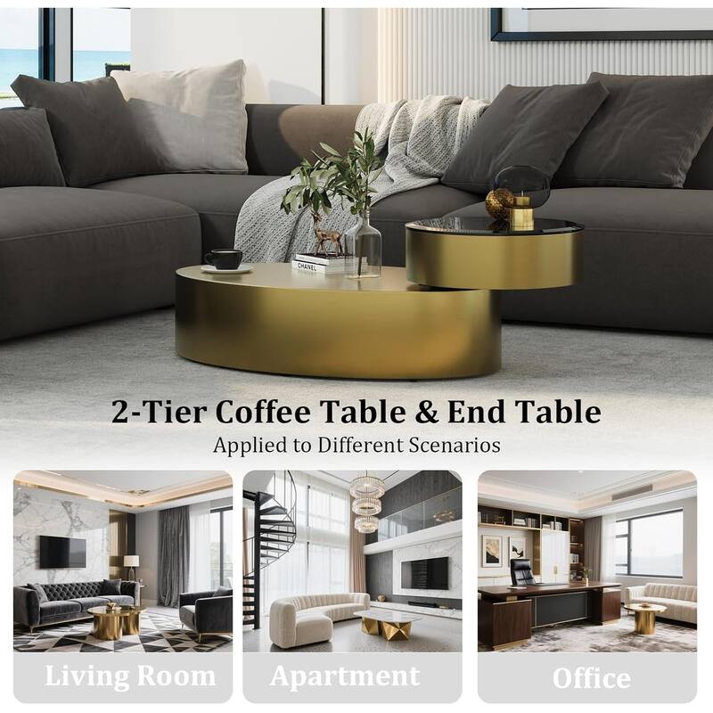Classic and Luxurious 50 inch 2 Tiers Rotatable Oval Coffee Table Center Table