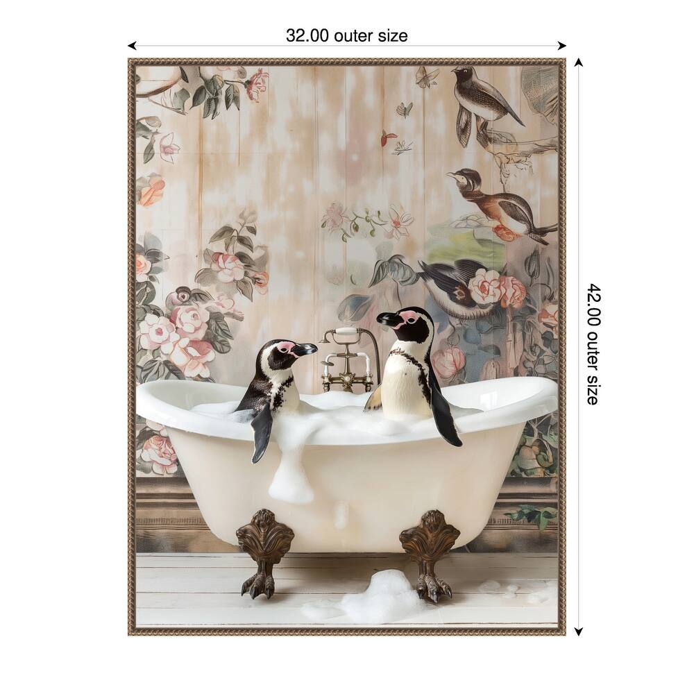 Penguin Pals in a Bubble Bath by Niky Rahner Framed Canvas Wall Art
