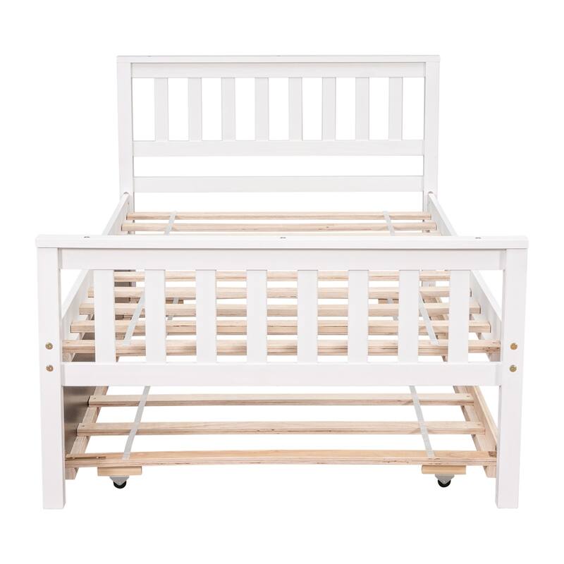 Twin Size Platform Bed Frame with Trundle for Small Space-White