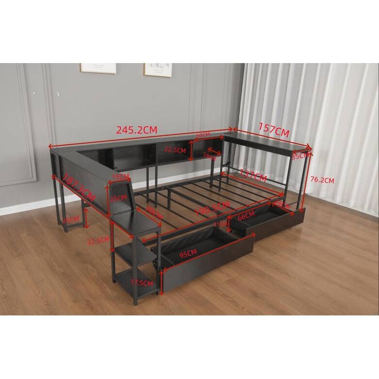 Twin/Full/Queen Corner Bed Frame with LED Lights, Charging Station, Bookcase & 2 Underbed Storage Drawers, Modern Platform Bed