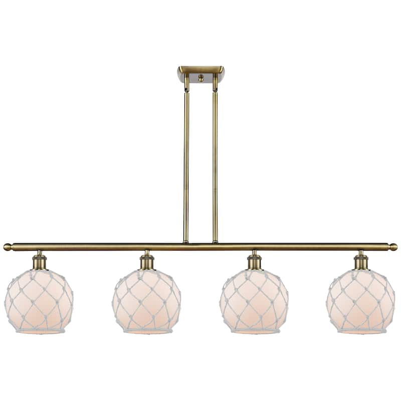 Innovations Lighting Endless Possibilities Ballston - Farmhouse Rope - 4 Light 48" Stem Hung Island Light with 8" Shades - Antique Brass/White Glass with White Rope