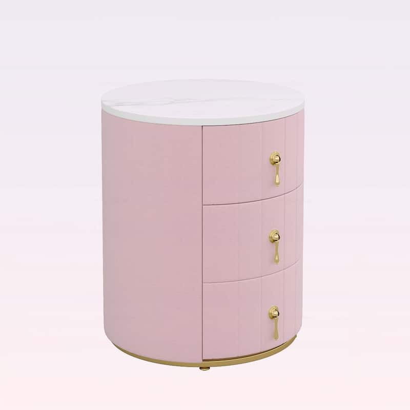 Elegant Upholstered Nightstand with 3 Drawers,Metal Handles,Marbling Sticker Top for Bedrooms