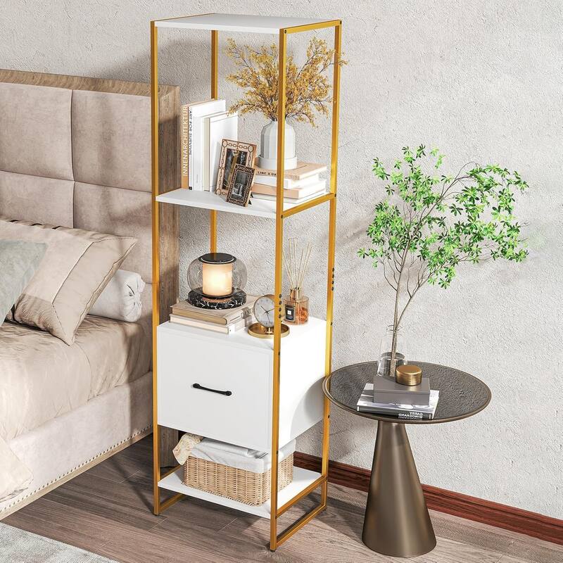 4-Tier Bookshelf w/ Drawer 62.5" Tall Narrow Bookcase w/ Metal Frame