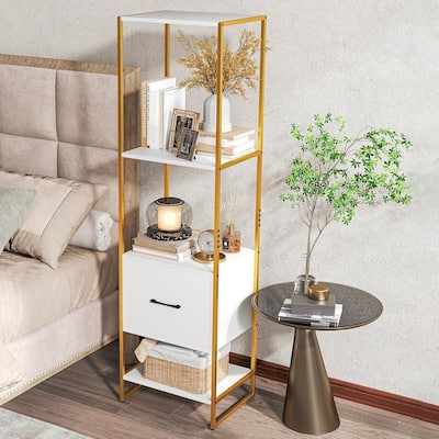 4-Tier Bookshelf w/ Drawer 62.5" Tall Narrow Bookcase w/ Metal Frame