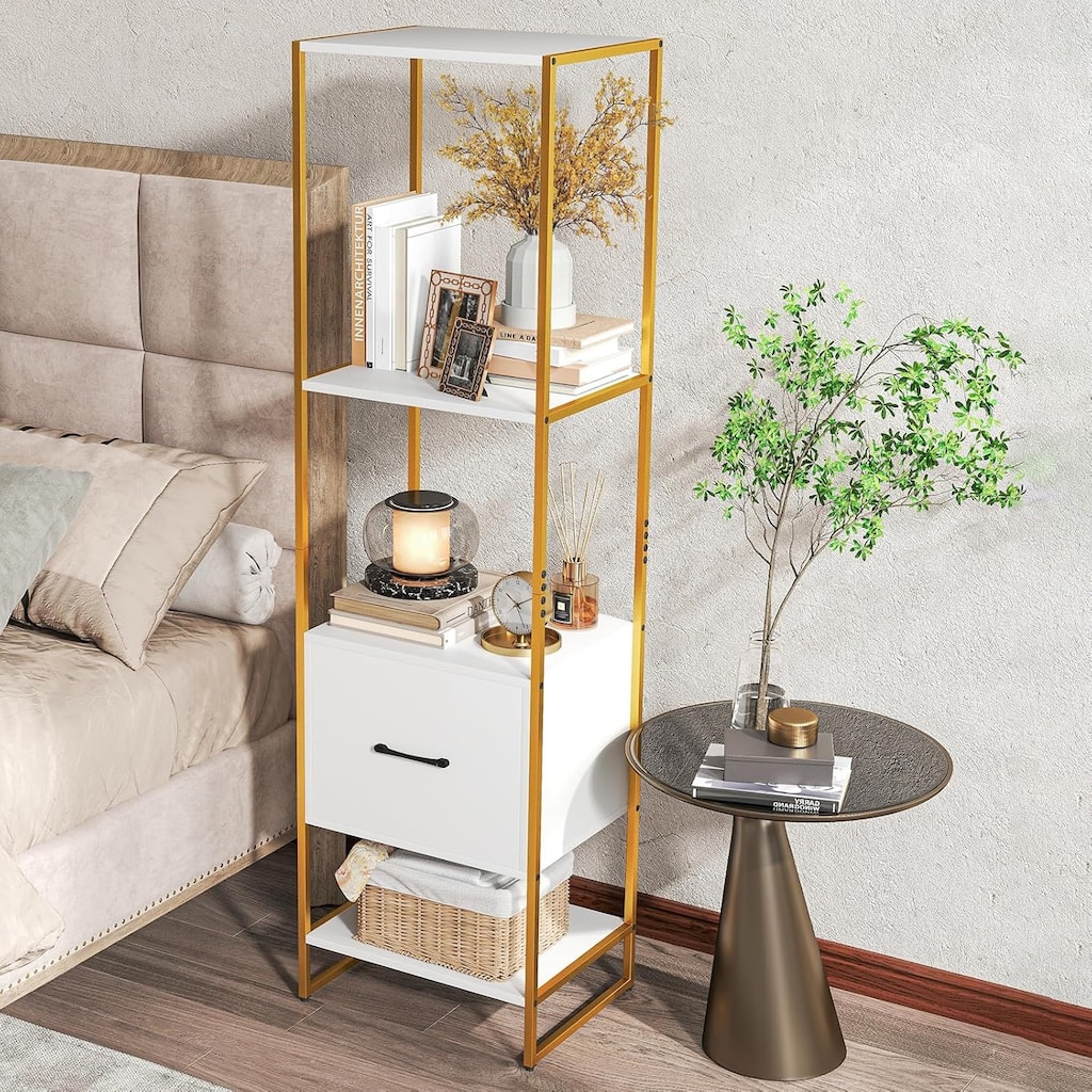4-Tier Bookshelf w/ Drawer 62.5" Tall Narrow Bookcase w/ Metal Frame
