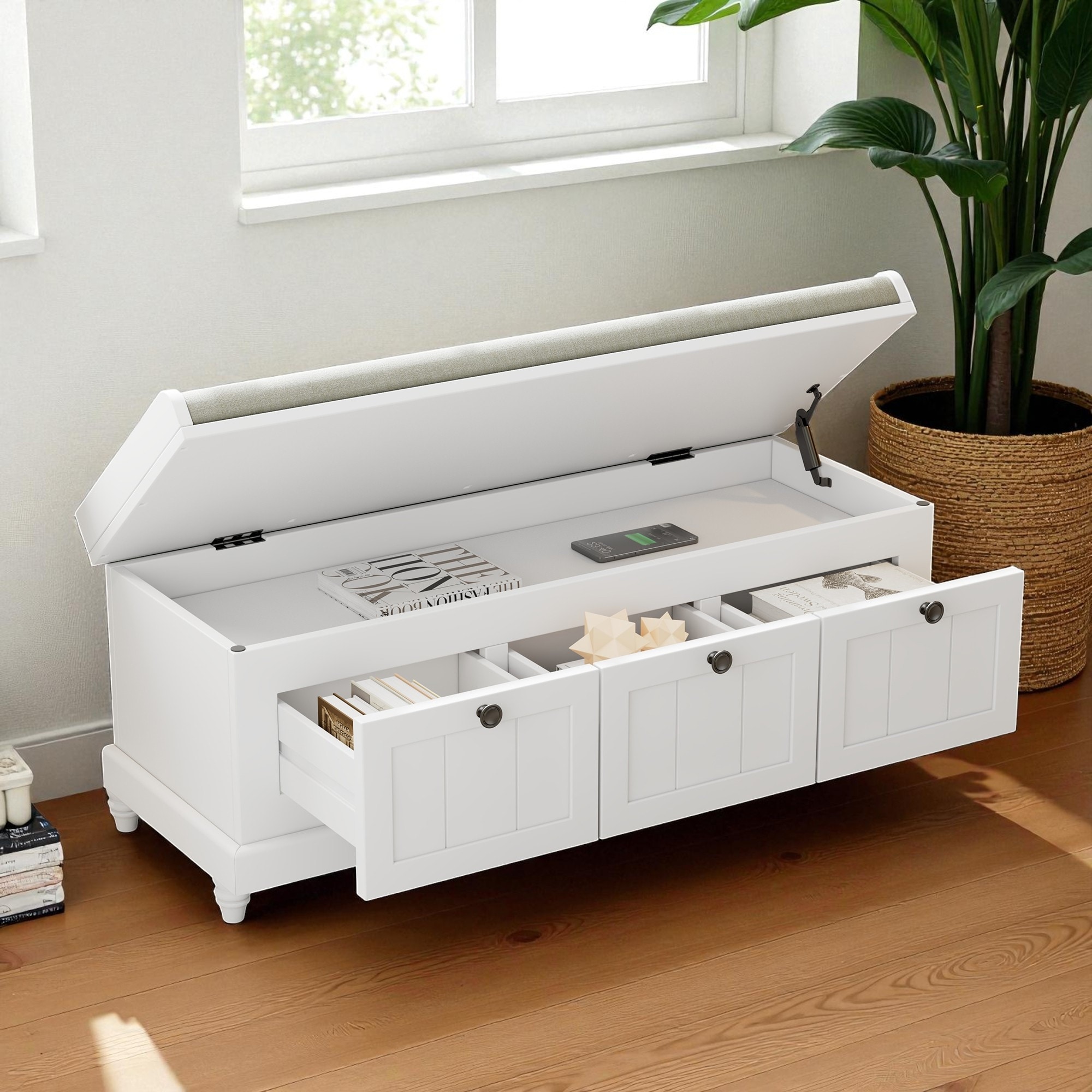 44.1" Storage Living Bench with Cushion, 3 Drawers and Hidden Compartment, Upholstered Entryway Bench for Hallway or Bedroom