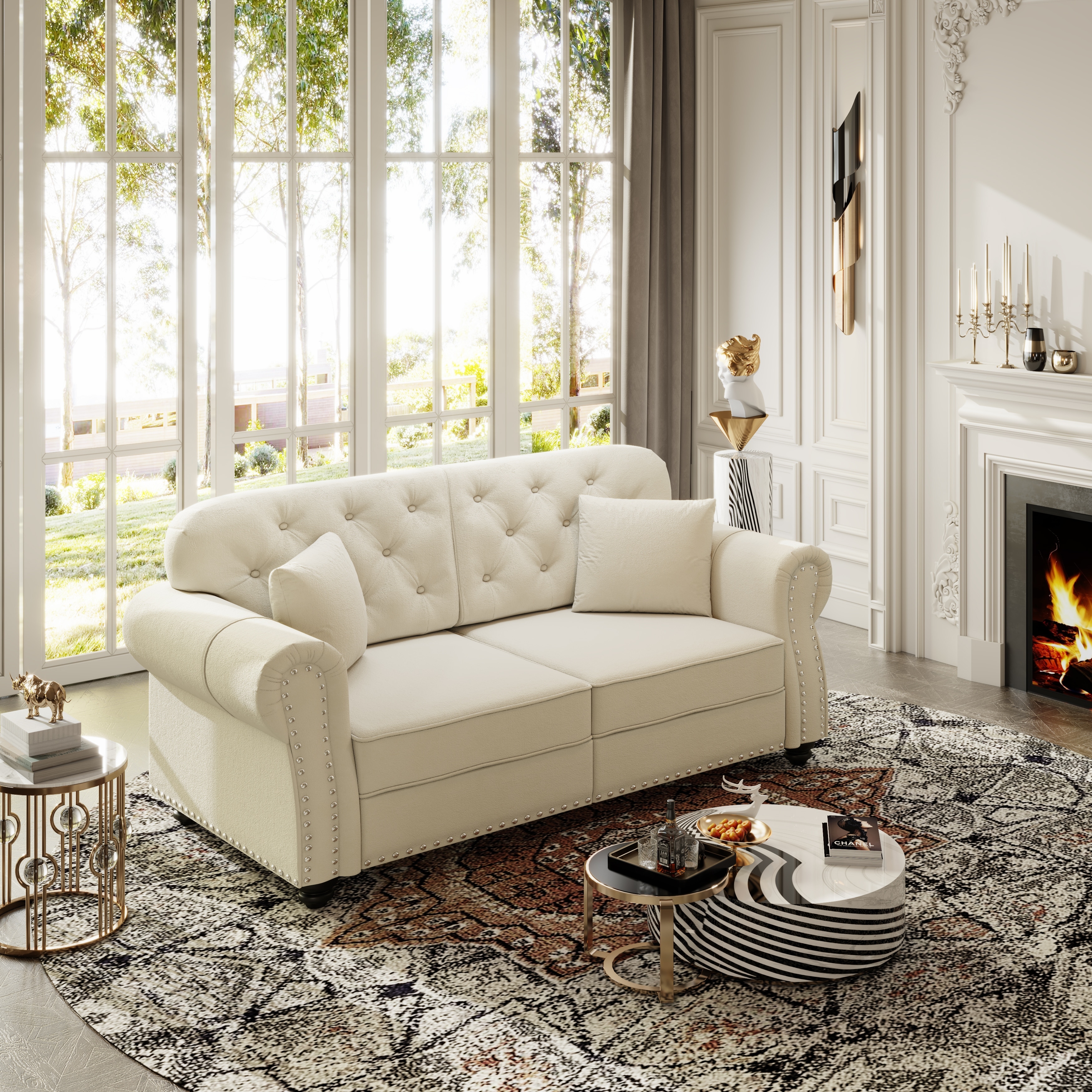 GDFStudio - 63" Mid-Century Modern Velvet Chesterfield Loveseat with Button Tufted Rolled Arm