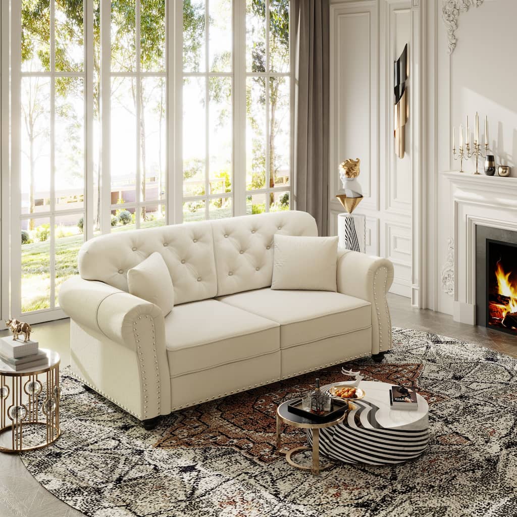 Mid Century Modern Couch, Velvet Chesterfield Sofa Button Tufted Oversized Loveseat Sofa with Nailhead Trim & Roll Armrests