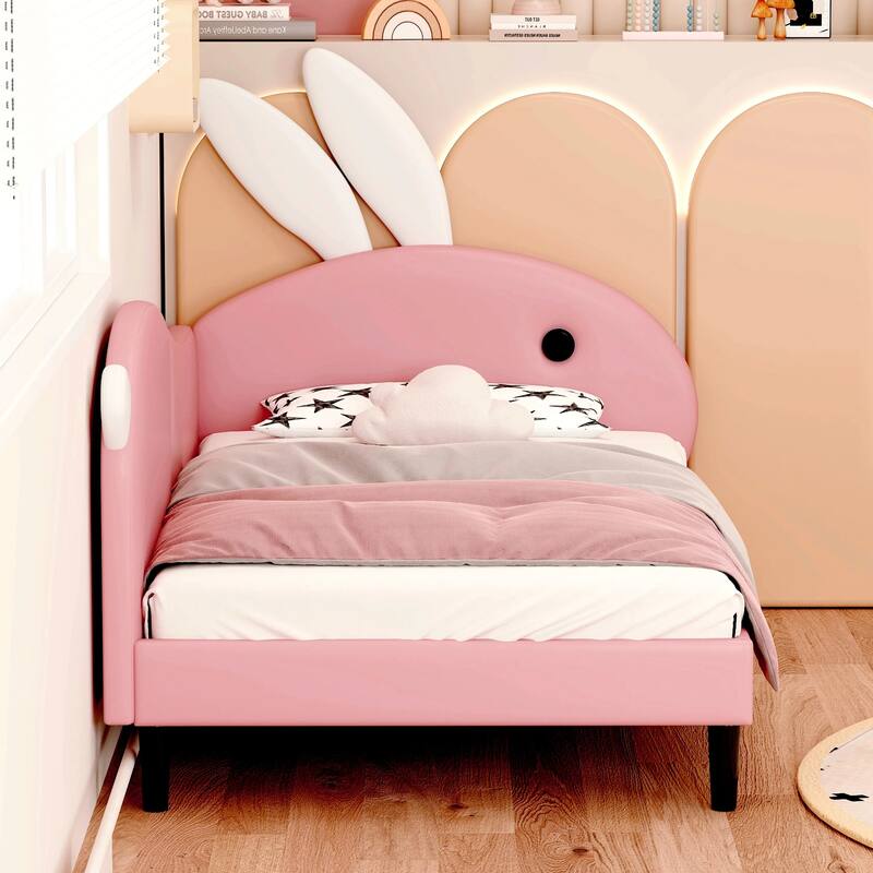 Twin Size Upholstered Rabbit-Shape Daybed with Playful Rabbit Ear Headboard, Soft Pink Sofa Bed for Kids and Teens