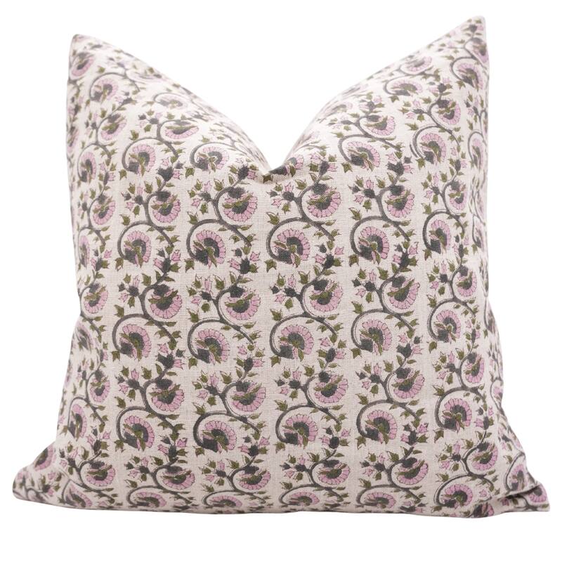 Fabdivine Handmade Block Print Floral Pillow Cover, Soft Pure Linen for Sofa, Alpana - Gulnaaz- Pink, Grey, Green - 22"X22"