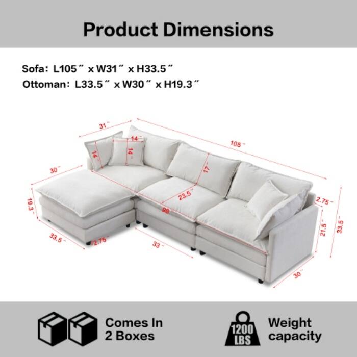 105" Modular Sectional Sofa with Ottoman, Upholstered Chenille Fabric 3-Seater