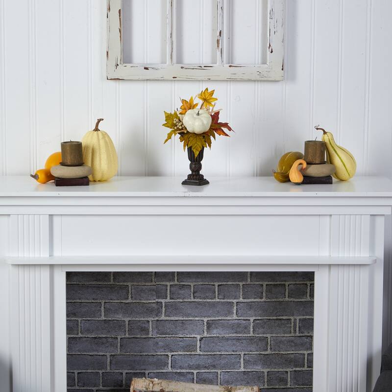 Fall Harvest Pumpkin Arrangement with Berries in Wood Vase - 16 Inch Artificial Decor - Orange - 13