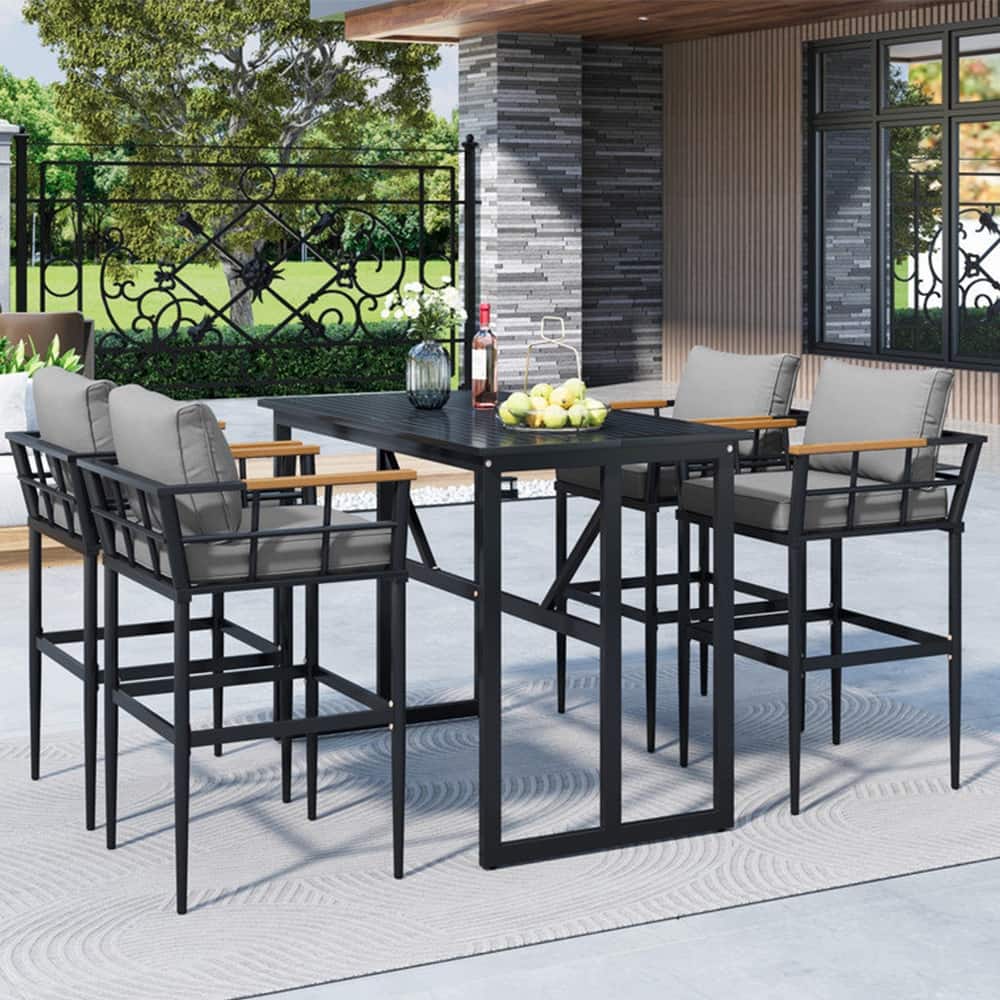 5-Piece Outdoor Steel Dining Set w/4 Chairs, Patio Bar Set,Cushions