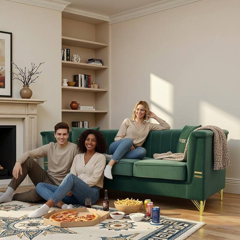 Chesterfield Velvet Button Tufted Sofa, Luxury 3-Seater Couch with 2 Pillows