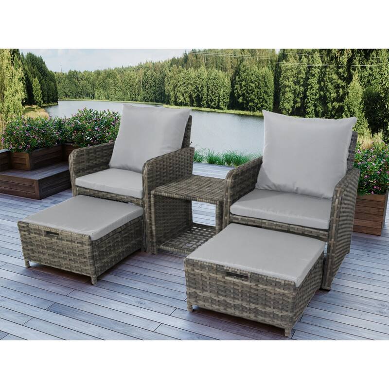 5-Piece PE Rattan Outdoor Patio Set with 2 Chairs, 2 Ottomans, Coffee Table