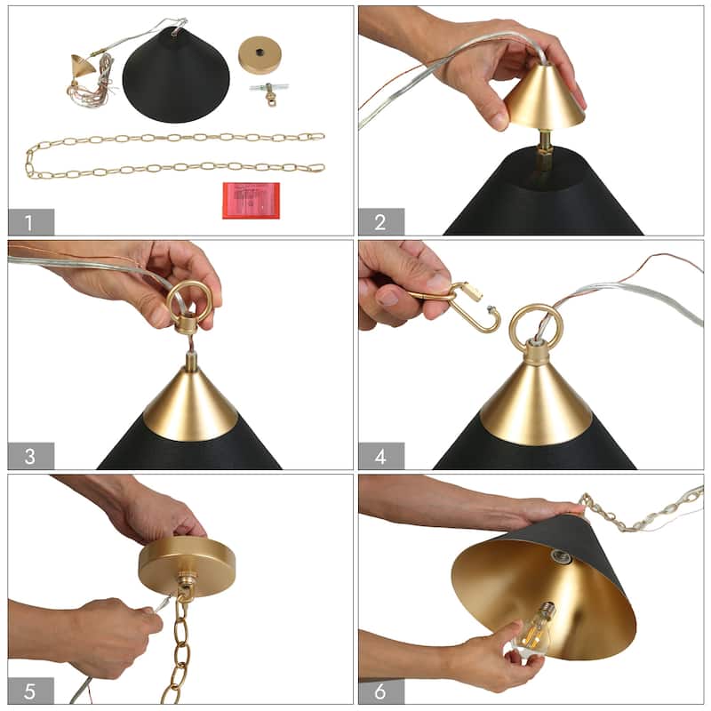 Modern Farmhouse 1-light Black Gold Pendant with Metal Cone Shade Kitchen Islands Lights for Dining Room - 11.8 " × 10 "