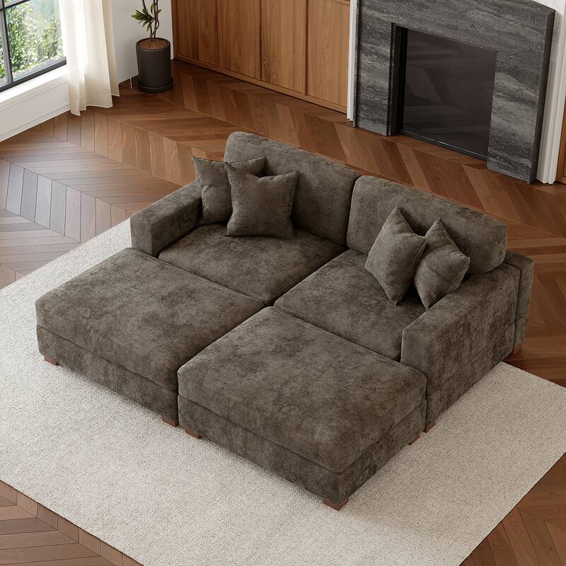 Oversized Chenille Modular Sectional Sofa Conversation Set with 2 Ottomans - Camel/4 Piece