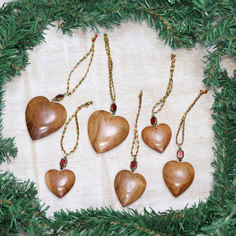 Sheesham Wood Hearts of Happiness Ornaments Set of 6 - 0.8" D