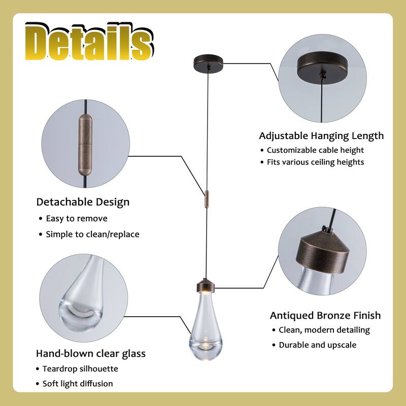 1-Light 5" Modern Teardrop Glass Integrated LED Pendant Light In Bronze Finish for Kitchen Island or Study Room - W5''