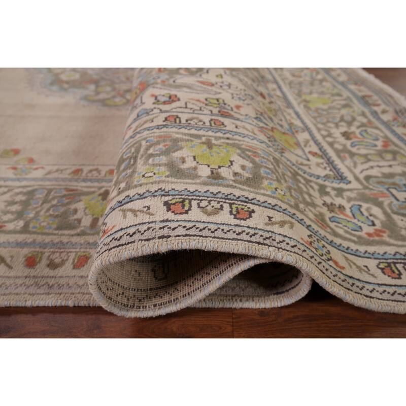 Beige Tabriz Persian Vintage Area Rug Hand-Knotted Wool Carpet - 8'8" x 10'8"