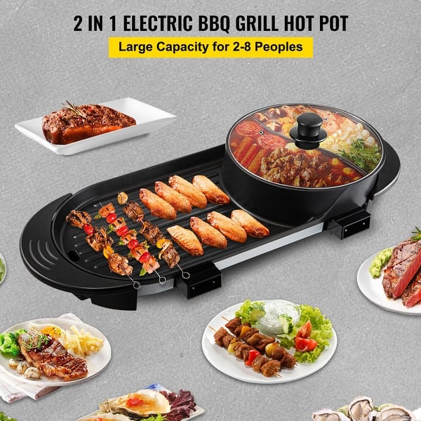 Mini Electric Grill and Hot Pot, 2 in 1 Portable Electric Hot Pot Barbecue  Grill Non-Stick Teppanyaki Pan 110V Multifunction Nonstick Griddle & Hot