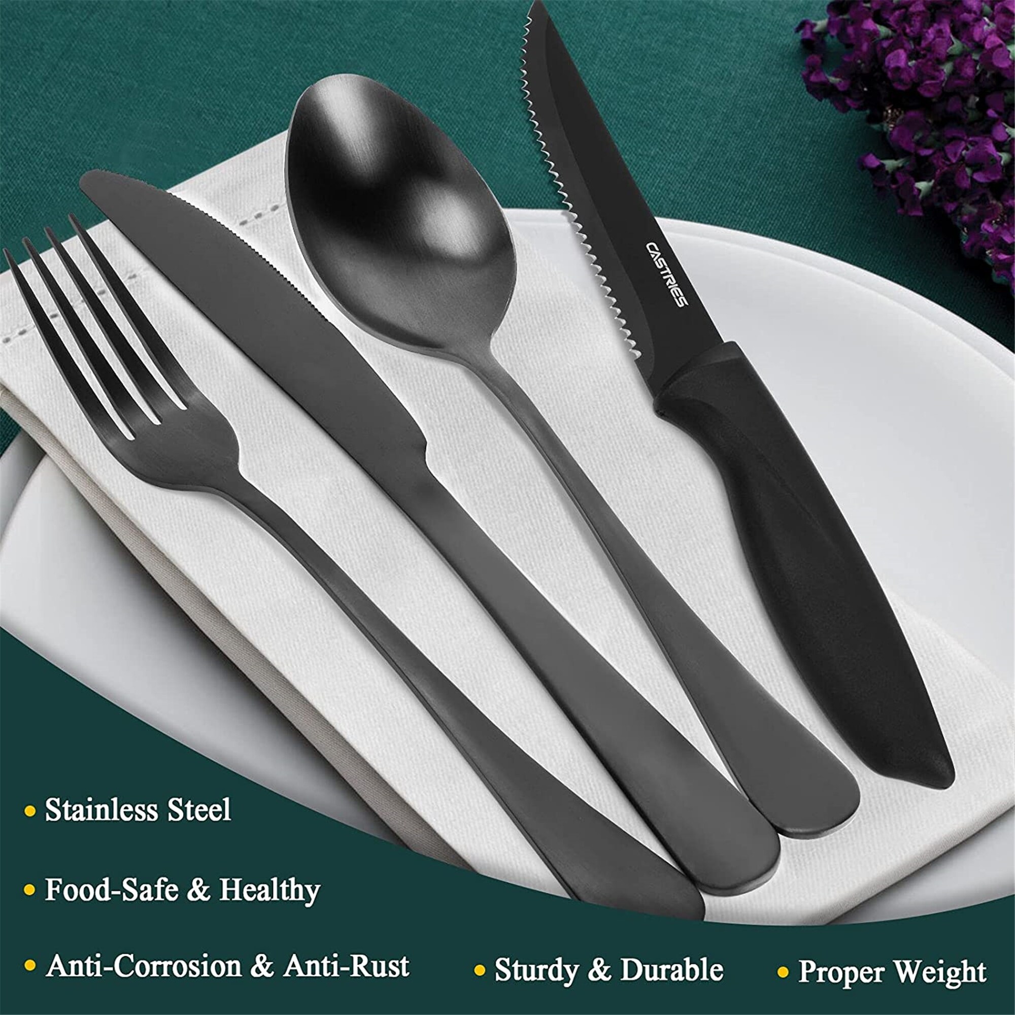 24 Pcs Black Silverware Set with Steak Knives, Stainless Steel Flatware Cutlery Set Service for 4, Kitchen Tableware Set, Utensil Set for Home and Res : Black Heavy Duty Silverware Set, 24-Piece Stainless