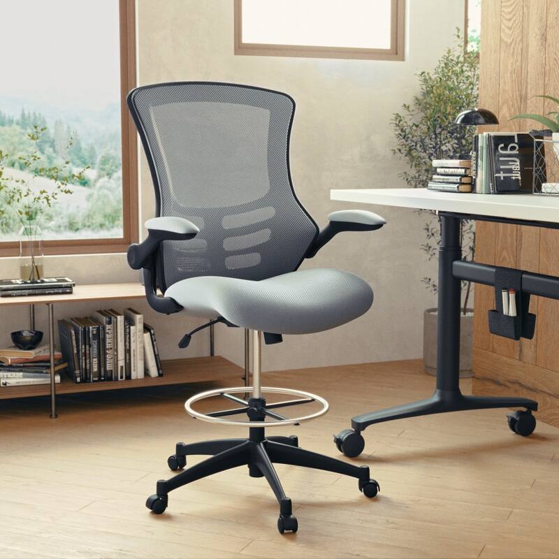 Mid-Back Ergonomic Drafting Chair with Adjustable Foot Ring and Flip-Up Arms - Dark Gray Mesh/Black Frame