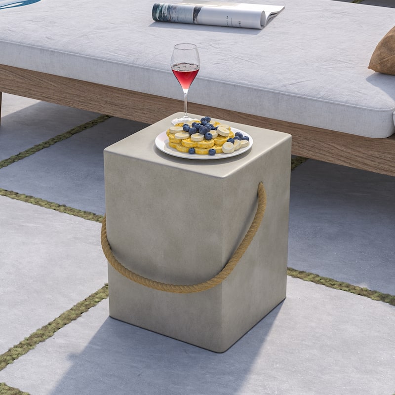 COSIEST Outdoor Lightweight Concrete Side Table w Hemp Rope Handles - 2pc - Rectangular-LightGrey