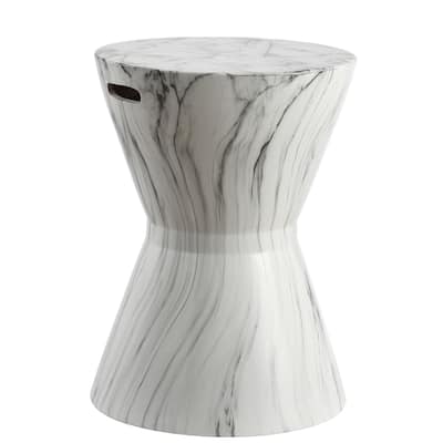 African Drum 17.3" White Marble Finish Ceramic Garden Stool by