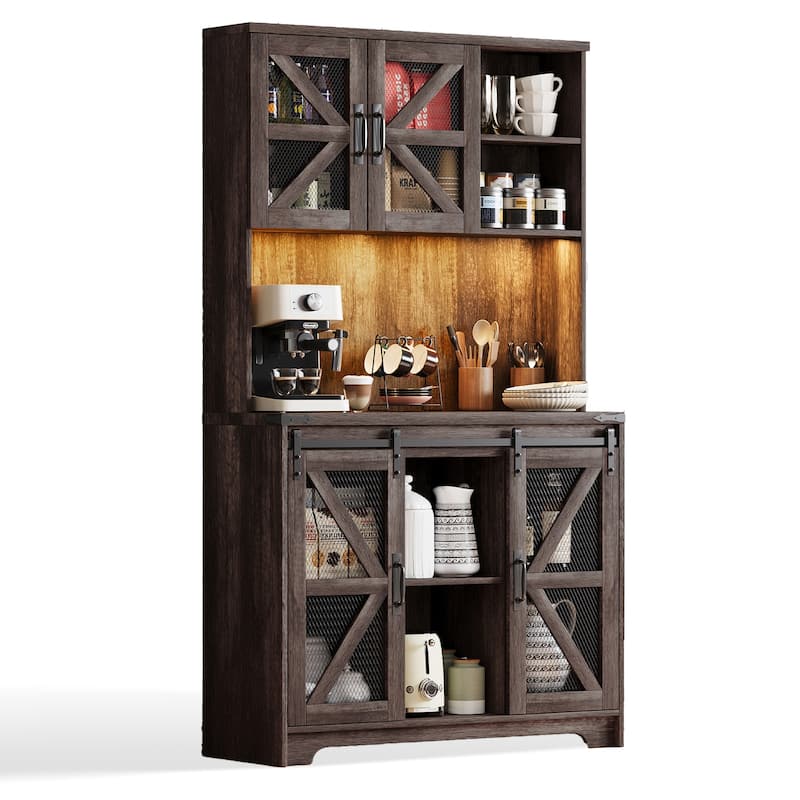 Pocassy 70.87" Kitchen Pantry Cabinet with Led Lights & Power Outlet For Kitchen