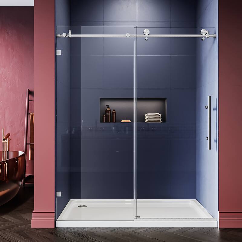ELEGANT 64" x 72" Frameless Sliding Shower Door - Brushed Stainless Steel
