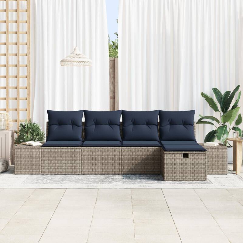 vidaXL 5/6 Garden Sofa Set with Cushions Black/Brown/Grey Poly Rattan - 115.8 x 46.1 x 27.2