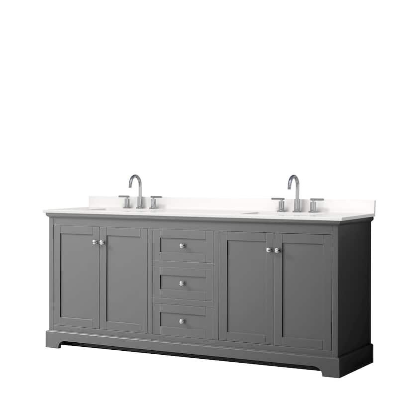 Avery 80-inch Double Vanity, Quartz Top - Dark Gray, Chrome Trim, White Quartz Top