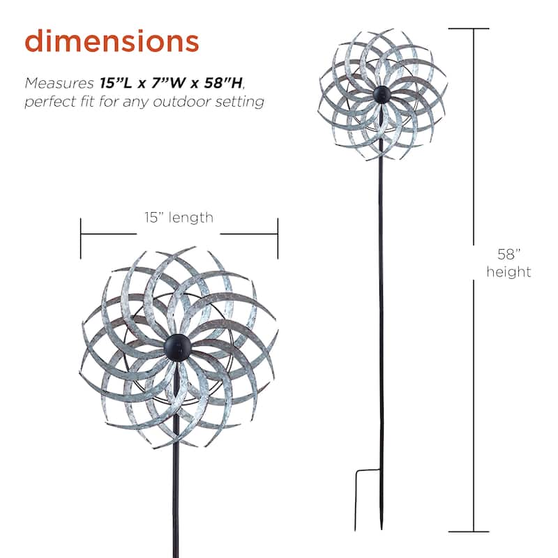 Alpine Corporation 58" Tall Outdoor Galvanized Metal Dual Windmill Spinner Stake Yard Decoration, Silver