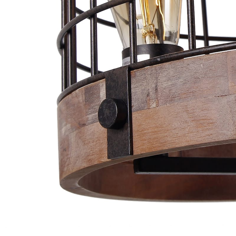 Anmytek Modern Farmhouse 3-Light Wood Drum Chandelier Round Metal Pendant Lights for Dining Room - 14" D x 24" H