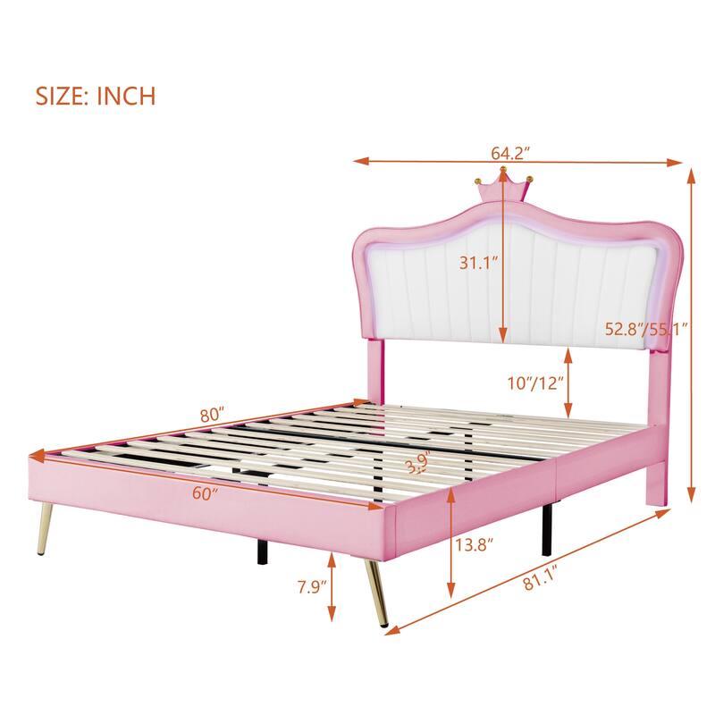 Modern Crown Headboard Upholstered Bed Frame with LED Lights