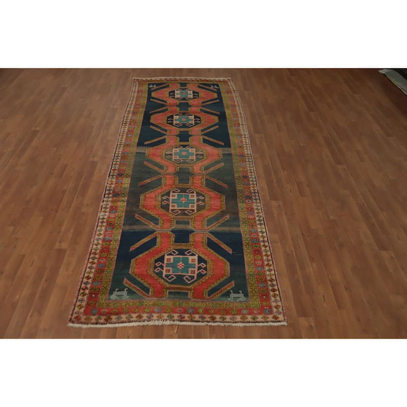 Hand Knotted Oriental 100% Wool Carpet Traditional Tribal Navy Blue & Blues Meshkin Runner Rug - 11' 0'' X 4' 1''