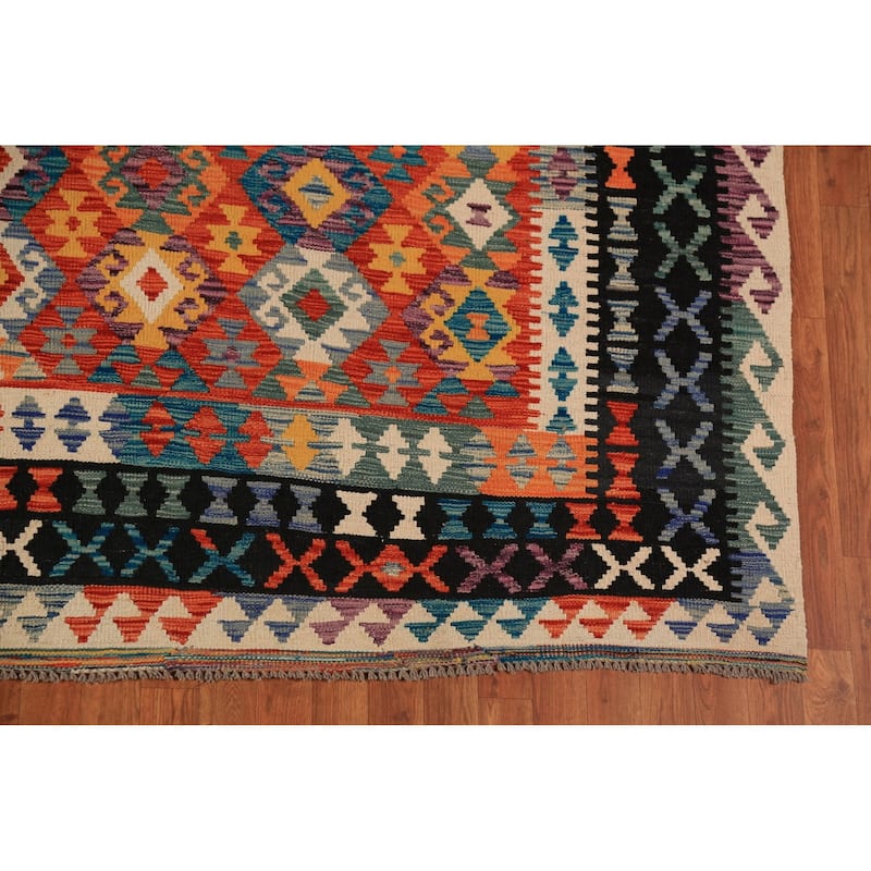 Geometric Kilim Area Rug Flatweave Oriental Orange Wool Carpet - 8'5"x 11'3"