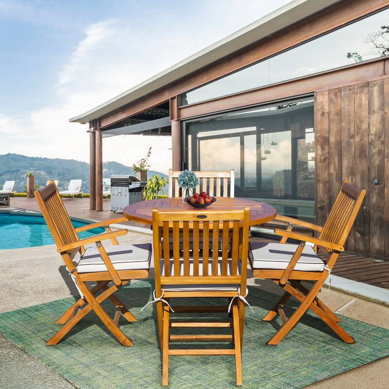 Seven Seas Teak 5 Piece Teak Wood Las Palmas Patio Dining Set, 47" Round Folding Table with 4 Folding Arm Chairs